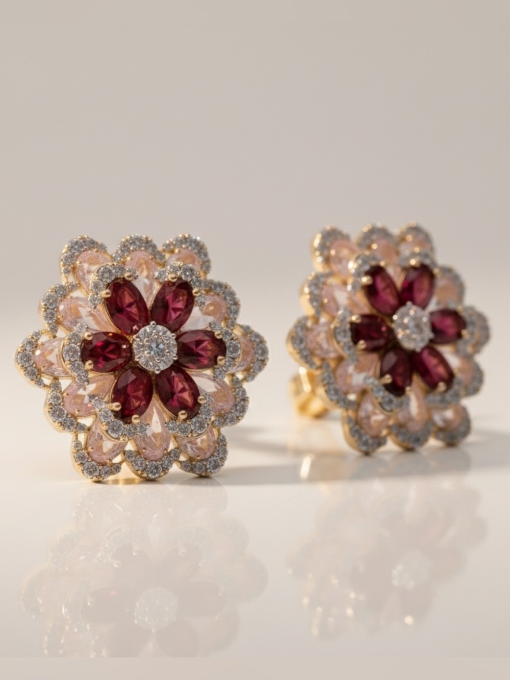 PINK RED CZ FLORAL EARRINGS